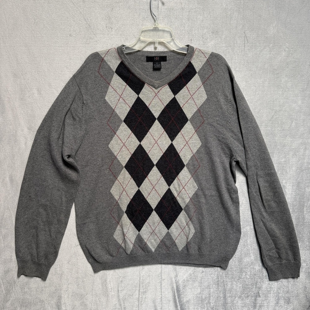 HH Men Sweater M Gray Argyle‎ V Neck Pullover Cotton Cashmere Knit Golf Preppy